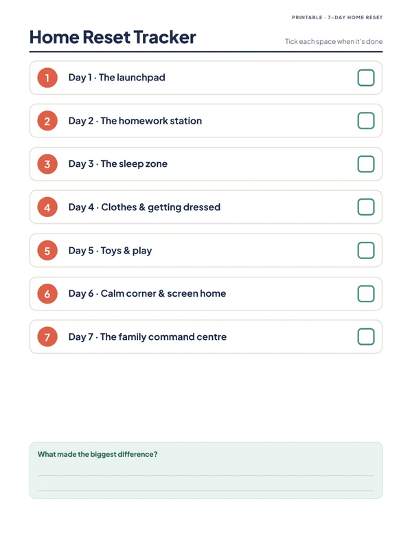 7-Day Home Reset tracker: Day 1 launchpad to Day 7 family command centre